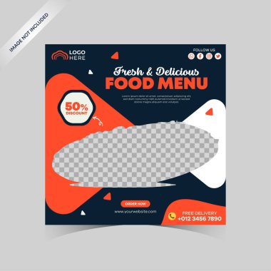 Sosyal medya yemek şablonu. Restoran sosyal medya afişi ticari promosyon için bir şablon. Yemek menüsü afişi sosyal medya paylaşımı. Düzenlenebilir sosyal medya şablonu. Gıda kapağının düz tasarımı