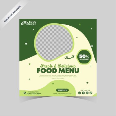 Sosyal medya yemek şablonu. Restoran sosyal medya afişi ticari promosyon için bir şablon. Yemek menüsü afişi sosyal medya paylaşımı. Düzenlenebilir sosyal medya şablonu. Gıda kapağının düz tasarımı