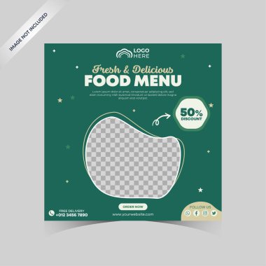 Sosyal medya yemek şablonu. Restoran sosyal medya afişi ticari promosyon için bir şablon. Yemek menüsü afişi sosyal medya paylaşımı. Düzenlenebilir sosyal medya şablonu. Gıda kapağının düz tasarımı