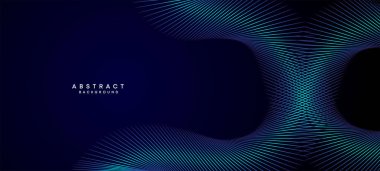 Soyut Koyu Mavi Dalga çemberleri Teknoloji Arkaplanı 'nı çiziyor. Broşür, kapak, poster, afiş, web sitesi, başlık için parlak çizgileri, parlak geometrik şekli ve köşegenli modern Navy Blue gradyanı
