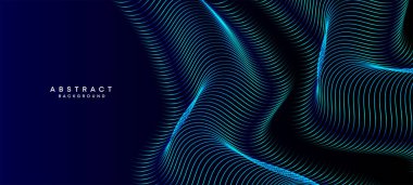Soyut Koyu Deniz Kuvvetleri Mavi Dalga çemberleri Teknoloji Arkaplanı 'nı çiziyor. Broşürler, kapaklar, posterler, afişler, web siteleri, başlıklar için parlak geometrik şekiller ve köşegen ile modern Holo gradyanı