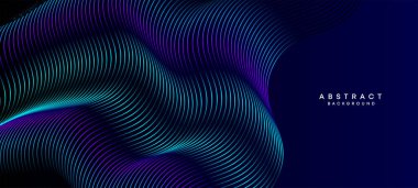 Soyut Koyu Deniz Kuvvetleri Mavi Dalga çemberleri Teknoloji Arkaplanı 'nı çiziyor. Broşürler, kapaklar, posterler, afişler, web siteleri, başlıklar için parlak geometrik şekiller ve köşegen ile modern Holo gradyanı