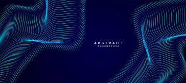 Soyut Koyu Deniz Kuvvetleri Mavi Dalga çemberleri Teknoloji Arkaplanı 'nı çiziyor. Broşürler, kapaklar, posterler, afişler, web siteleri, başlıklar için parlak geometrik şekiller ve köşegen ile modern Holo gradyanı