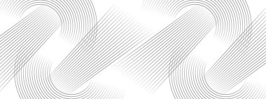 Siyah daireler çizen soyut dalgalar teknolojinin beyaz arka planını çiziyor. Parlak çizgiler parlak geometrik şekil ve teknoloji konsepti, broşür, kapak, poster, afiş, web sitesi, başlık