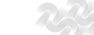 Siyah daireler çizen soyut dalgalar teknolojinin beyaz arka planını çiziyor. Parlak çizgiler parlak geometrik şekil ve teknoloji konsepti, broşür, kapak, poster, afiş, web sitesi, başlık