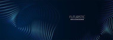 Fütürist veri teknolojisi geçmişi. Noktalı yarım ton dalgalar. Koyu mavi bir zemin üzerinde akan noktalar. Dijital dalga parçacıkları soyutlanıyor. Soyut bir yarım ton çizimi için arkaplan