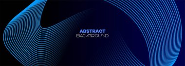 Parlak geometrik daire çizgileri olan koyu mavi afiş arkaplanı. Modern lacivert eğimli parlak çizgiler ve broşür, kapak, poster, başlık için fütürist teknoloji web arkaplanı