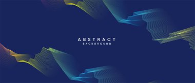 Soyut koyu mavi, mor geometrik dijital gelecek teknolojisi akış çizgisi arkaplanı. Sarı-yeşil-lacivert-lacivert dalga çizgileri örtü, başlık, poster, slayt