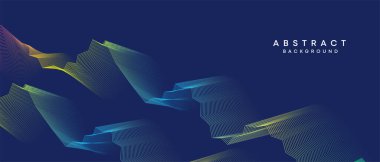 Soyut koyu mavi, mor geometrik dijital gelecek teknolojisi akış çizgisi arkaplanı. Sarı-yeşil-lacivert-lacivert dalga çizgileri örtü, başlık, poster, slayt