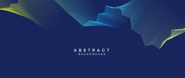 Soyut koyu mavi, mor geometrik dijital gelecek teknolojisi akış çizgisi arkaplanı. Sarı-yeşil-lacivert-lacivert dalga çizgileri örtü, başlık, poster, slayt