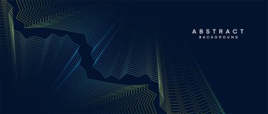 Soyut koyu mavi, mor geometrik dijital gelecek teknolojisi akış çizgisi arkaplanı. Sarı-yeşil-lacivert-lacivert dalga çizgileri örtü, başlık, poster, slayt