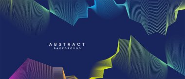 Soyut koyu mavi, mor geometrik dijital gelecek teknolojisi akış çizgisi arkaplanı. Sarı-yeşil-lacivert-lacivert dalga çizgileri örtü, başlık, poster, slayt