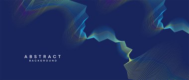 Soyut koyu mavi, mor geometrik dijital gelecek teknolojisi akış çizgisi arkaplanı. Sarı-yeşil-lacivert-lacivert dalga çizgileri örtü, başlık, poster, slayt