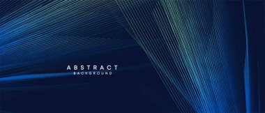 Soyut koyu mavi, mor geometrik dijital gelecek teknolojisi akış çizgisi arkaplanı. Sarı-yeşil-lacivert-lacivert dalga çizgileri örtü, başlık, poster, slayt