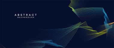 Soyut koyu mavi, mor geometrik dijital gelecek teknolojisi akış çizgisi arkaplanı. Sarı-yeşil-lacivert-lacivert dalga çizgileri örtü, başlık, poster, slayt