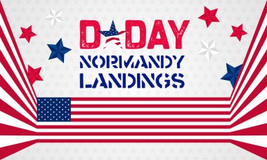 Cesur tipografiyi çerçeveleyen göz alıcı bayrak unsurları D-Day ve Amerikan kahramanlarını onurlandırmak için mükemmel..