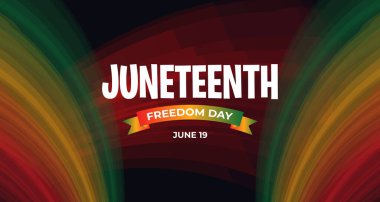 Cesur görseller ve geleneksel renkler kullanarak, Juneteenth ile ilişkili özgürlük ve eşitlik temalarını vurgulayan bir poster..