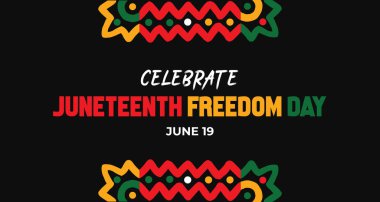 Juneteenth 'in tarihi ve mirasına odaklanan, eğitmek ve ilham vermek için geleneksel semboller ve renkler içeren bir poster tasarımı..
