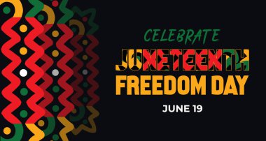 Cesur görseller ve geleneksel renkler kullanarak, Juneteenth ile ilişkili özgürlük ve eşitlik temalarını vurgulayan bir poster..