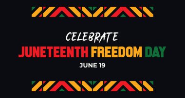 Cesur tipografi ve geleneksel Afrika renklerinin yer aldığı, Haziran Özgürlük Günü 'nü kutlayan canlı bir pankart tasarımı.