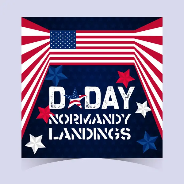 Klasik kırmızı ve mavi aksanlı Normandiya Çıkarması 'nı onurlandırmak için mükemmel desenli Amerikan bayrağı arkaplanı olan klasik bir Normandiya çıkartma günü posteri..