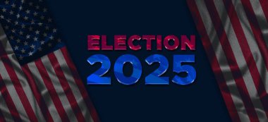 Kalın Seçim 2025 tipografisi olan dikey ABD bayrağı çizgileri, dramatik ve görsel olarak çekici kampanya posterleri için harika.