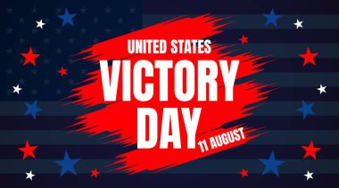 Koyu kırmızı zafer günü posteri beyaz metin ve koyu mavi arka planda dağınık yıldızlar