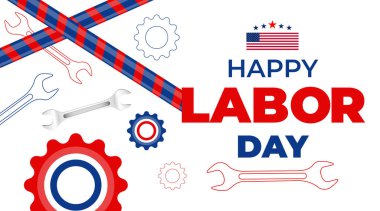 Canlı İşçi Bayramı afişi vitesler, parlak bir tipografi ve kırmızı, beyaz ve mavi bir tasarım içeriyor. Dijital promosyonlar için mükemmel