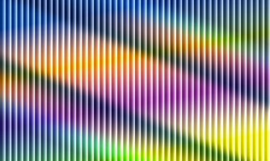 Açısal renk darbesi, kaburgalı cam geometri enerjik şerit yanılsaması, canlı gradyanlar ve kırılan ışık geçişleri.