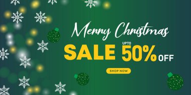 Kar tanesi desenli yeşil Noel afişi ve cesur altın teklif mesajı