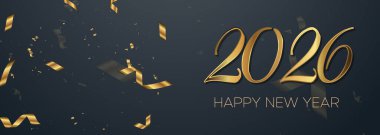 Özel Tatil Tanıtımları İçin Konfeti Arkaplanı ile Luxe Gold 2026 Banner