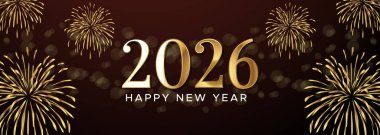 Klasik Altın ve Kahverengi 2026 Banner Parlayan Havai fişekler ve Zengin Tema