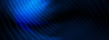 Pürüzsüz parlak dalga dokusu ve modern dijital duvar kâğıdı tasarımı için minimum sıvı şerit deseni olan koyu mavi kurdeleli cam eğimli soyut arkaplan