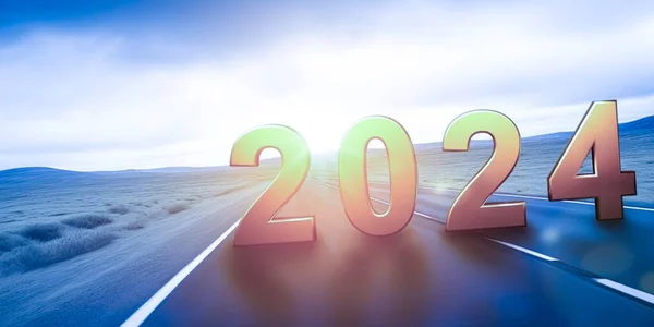 Mutlu yıllar 2024 tebrik kartı. Güzel bir tatil web sayfası ya da afişi altın gibi parlak bir yazı Mutlu yıllar 2024 havai fişeklerle ışıltılı mavi bir arkaplan üzerine ışıltılı yazılar