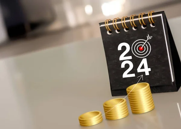 Mutlu yıllar 2024, dijital dünya haritalı 3d dünya küresi 2024 yıllık arama simgesi ve yükselen ok, mavi arkaplan üzerindeki trend büyüme grafiği ile beyaz blok yığınına yerleştirildi.