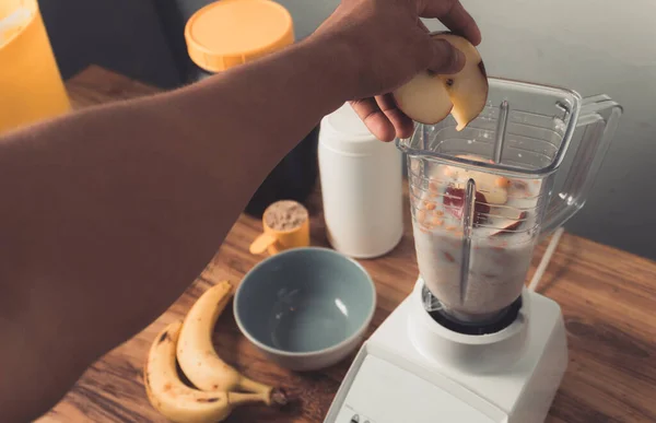 Hand Holding Apples Preparation Smoothie Milk Banana Oatmeal — Stock Photo, Image