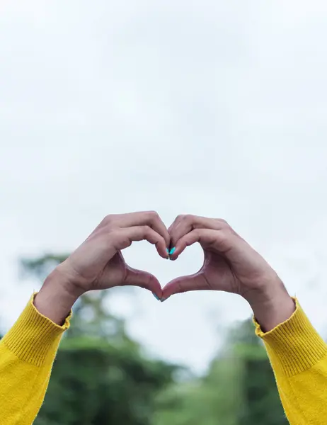 Kolları dikey, süveter sarısı, elleri olan bir kalp, sevgililer günü ve aşk konsepti..