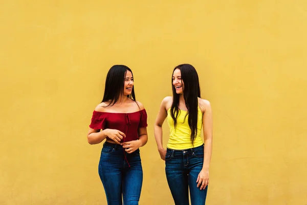 two happy friends women on yellow wall outside smiling talking, friendship concept.