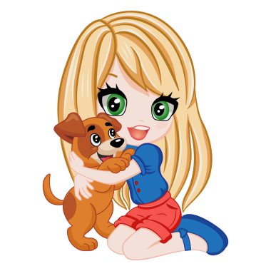 Köpekli neşeli bir Chibi kızı. Vektör Çizgi Film Karakteri Anime