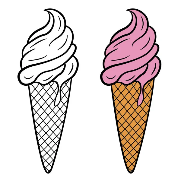 Renkli Sayfa için Pembe Dondurma. Waffle Cone 'daki Lezzetli Dondurmanın Vektör İllüstrasyonu