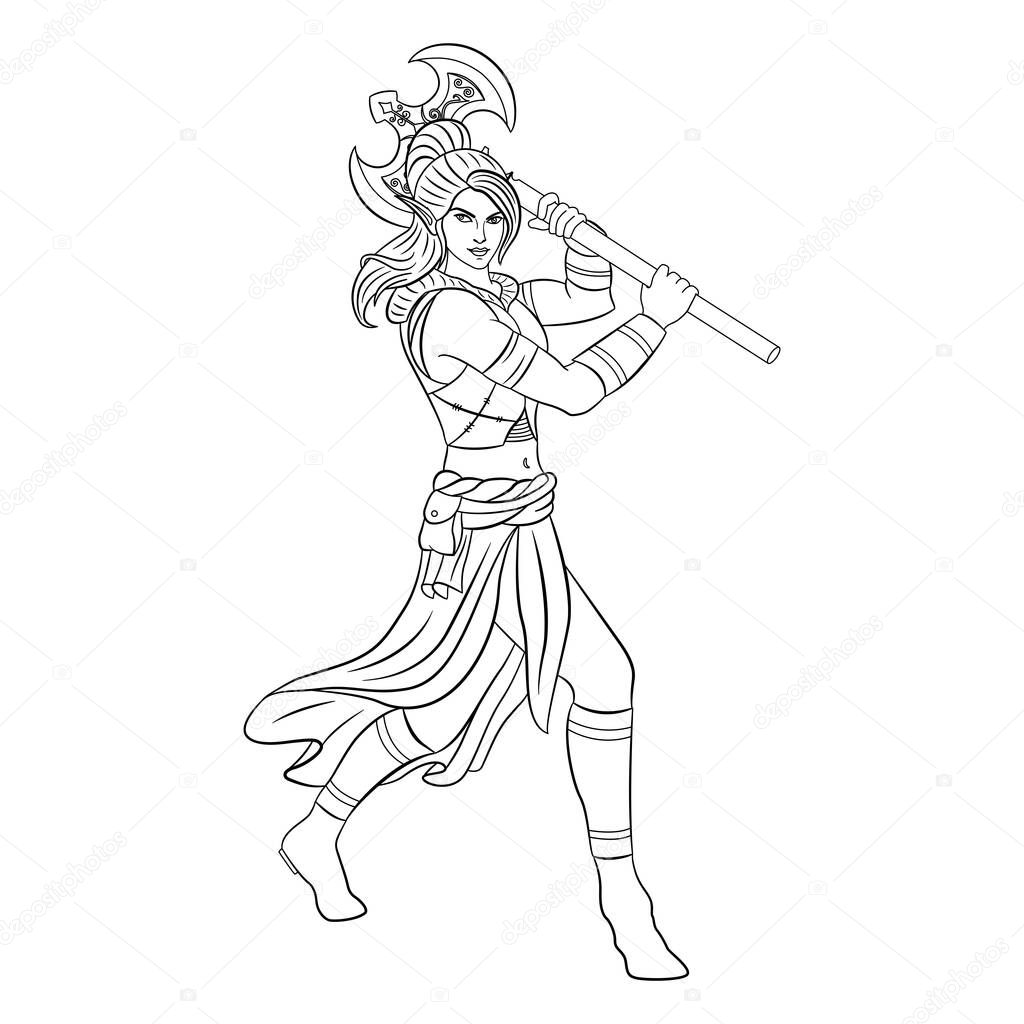 Female Elf Warrior with Iron Ax for Coloring