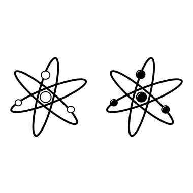 Atom simgeleri. Bilimin, eğitimin, bilimsel araştırmaların ve nükleer fiziğin sembolü. Atomik çekirdeğin yörüngesinde dönen elektronların vektör illüstrasyonu