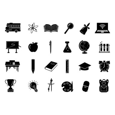 Siyahi Okul Simgeleri. 24 Vektör Akademik Öge. Bilim ve Eğitim