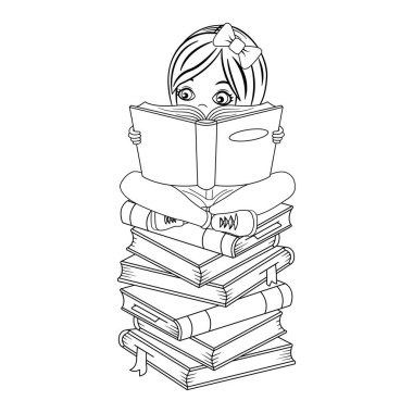 Renk Sayfası için Şirin Kız Okuma Kitabı. Eğitim konsepti. Kitapların Üzerinde Oturan Komik Öğrenci Kızının Vektör İllüstrasyonu