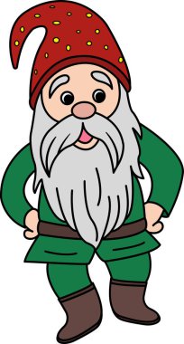 Gri Sakallı Komik Cüce Çizgi Filmi. Kırmızı Şapkalı Gnome 'un Vektör İllüstrasyonu