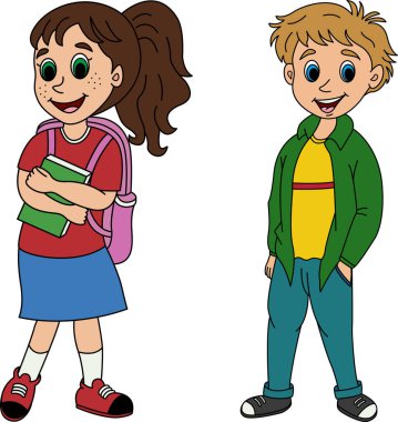Neşeli oğlan ve kız. Vektör Çizgi Film Çizimi Şirin Okul Çocukları
