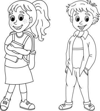 Renklendirme sayfası için Funny Boy ve Girl. Vektör Çizgi Film Çizimi Şirin Okul Çocukları