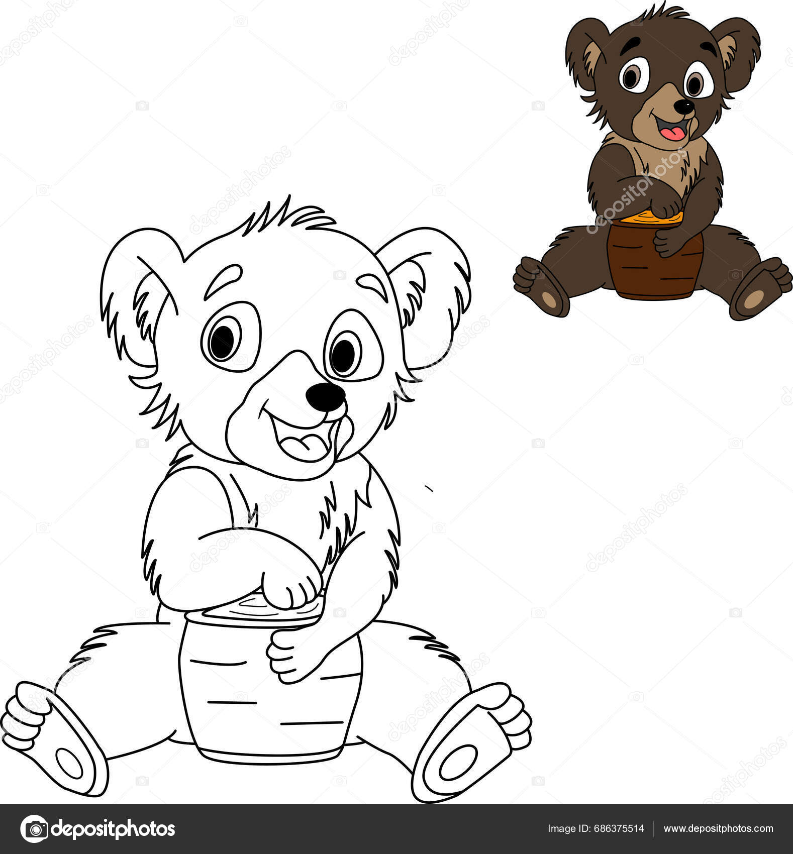 Coloring Book Kids Bear Cub Eating Honey Vector Illustration Stock