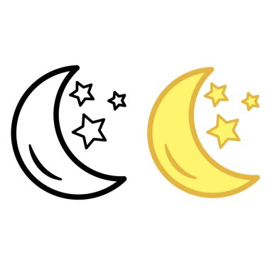 Ay ve Yıldızlar simgeleri. Gece Dinlenmesinin Vektör İllüstrasyonu. Uyku Logosu