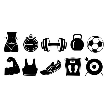 Sports Black Icons Set. Kettlebell 'in vektör simgeleri, pazılı kol, ince bel silueti, futbol topu, spor pulları, su bardağı, dambıl, kronometre, spor ayakkabıları, dart, ve fitness top..